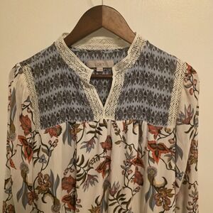 Ann Taylor Med Long Balloon Sleeve V-Neck Oriental Floral Peasant Blouse Lined